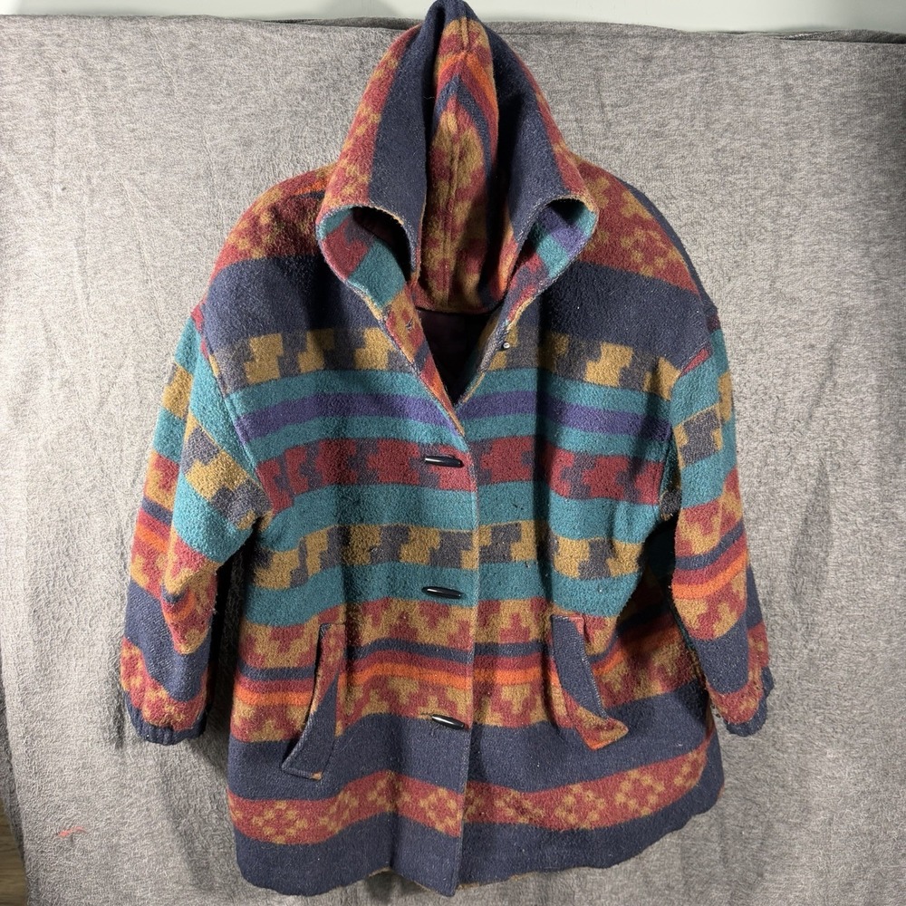 Vintage New York Girl Womens Wool Blend Western Aztec Jacket Duffle Coat Size 16